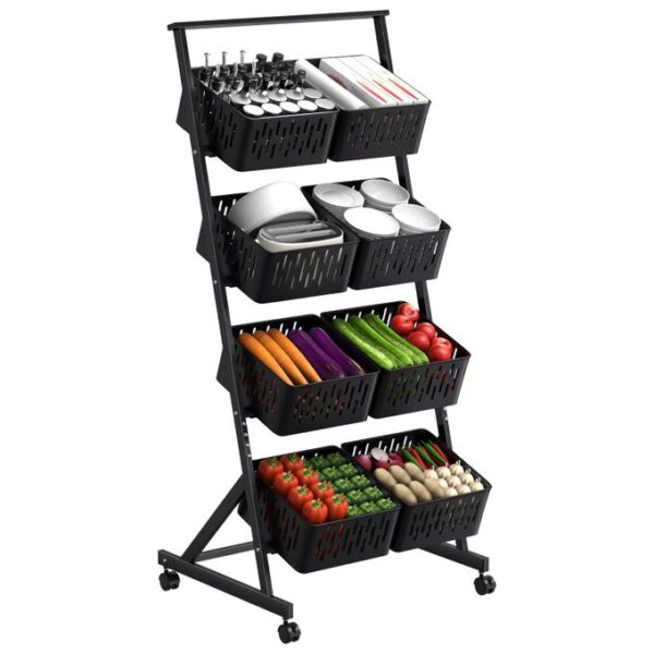 4-Tier Kitchen Fruit Vegetable Snack Cart with Wheels ,Stackable Mesh Storage Basket,Pantry Organizer Rack with Detachable Basket (Black)