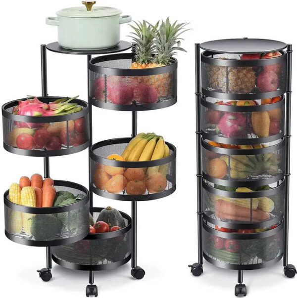 Round Tier Rotating Vegetable Storage Shelf Cart With Wheels