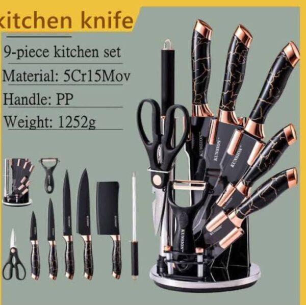 9pcs Stainless Steel Kitchen Chef Knives Non Stick Cleaver Knife Set With Block